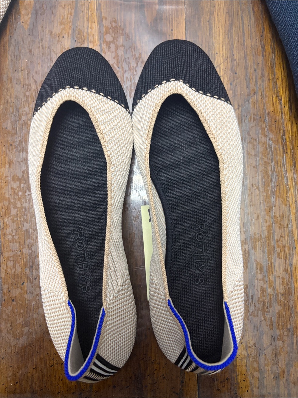 Rothy's Black and Cream Knit Round Toe Flats with Blue Trim 7.5
